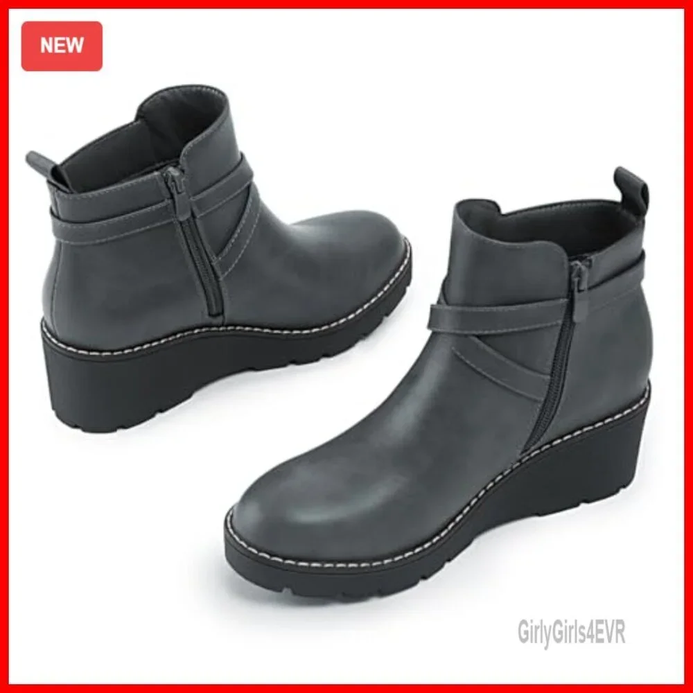 Wedge Ankle Boots Platform Lug Sole Buckle Side Zipper Booties